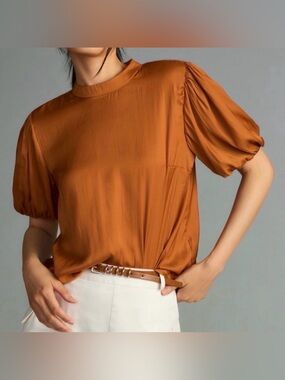 Anthropologie Burnt Orange Puff-Sleeve Mock Neck Blouse